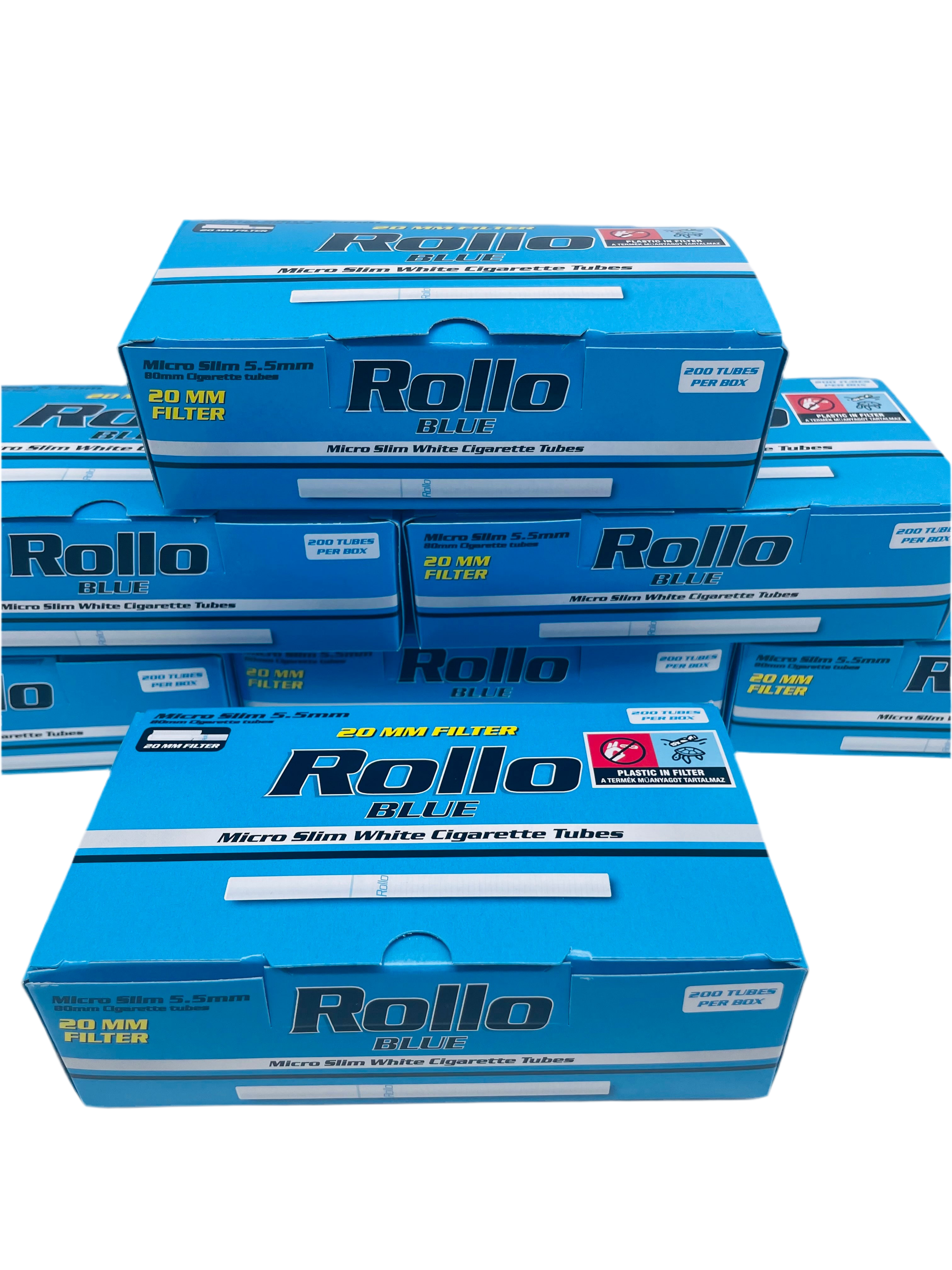 200 X Rollo 5.5mm Micro Slim Blue 20mm Empty Filter Tubes. One Pack